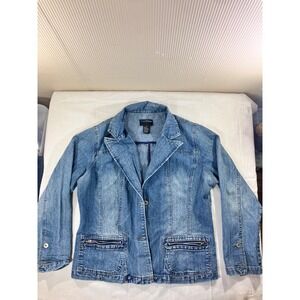Outer Edge Women 1X Blue Denim Jean‎ Blazer Jacket Button Front Zip Pockets